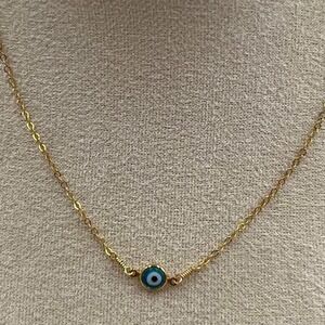 Vintage Gold Tone Evil Eye Pendant Necklace Blue White Minimalist Dainty Chain